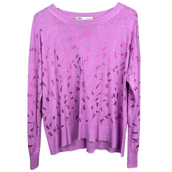 Zara Women's Confetti Sweater Metallic Pink Size L Relaxed Fit Lightweight - Picture 1 of 8